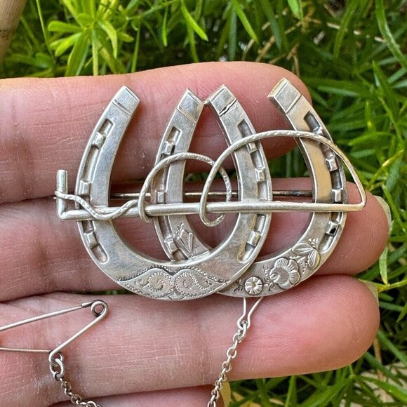 Antique 1800s Victorian Brooch‎ Pin 1 5/8" Double Horseshoe Sterling C Clasp - Picture 3 of 12